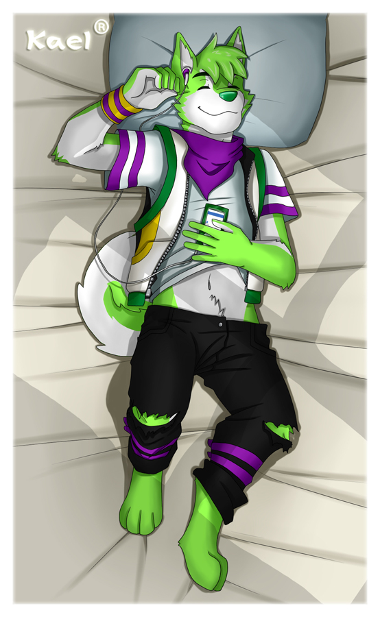 anthro bandanna bed canine clothing cute dog earbuds fur green_fur hoodie husky invalid_color ipod kael_(artist) lying mammal music navel niic on_back pants shirt shirt_lift solo white_belly white_fur