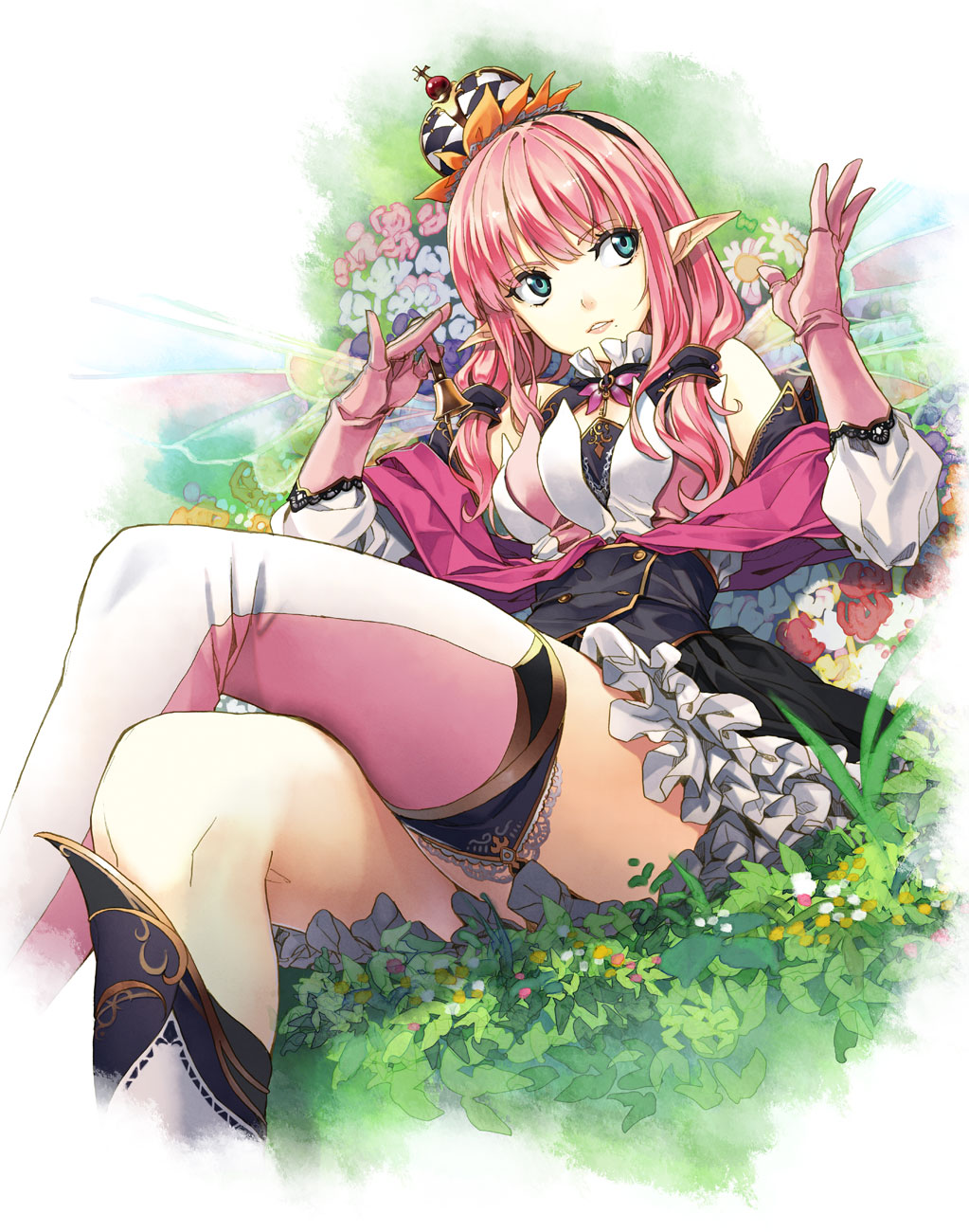 aqua_eyes bangs bell boots crossed_legs crown detached_sleeves flower frilled_skirt frills garter_straps gloves hair_over_shoulder hairband handbell highres lips looking_away looking_to_the_side luna_(reclaimed_land) lying mini_crown mole mole_under_mouth on_ground original parted_lips pink_gloves pink_hair plant pointy_ears reclining shoes single_boot single_shoe single_thighhigh skirt solo thighhighs twintails
