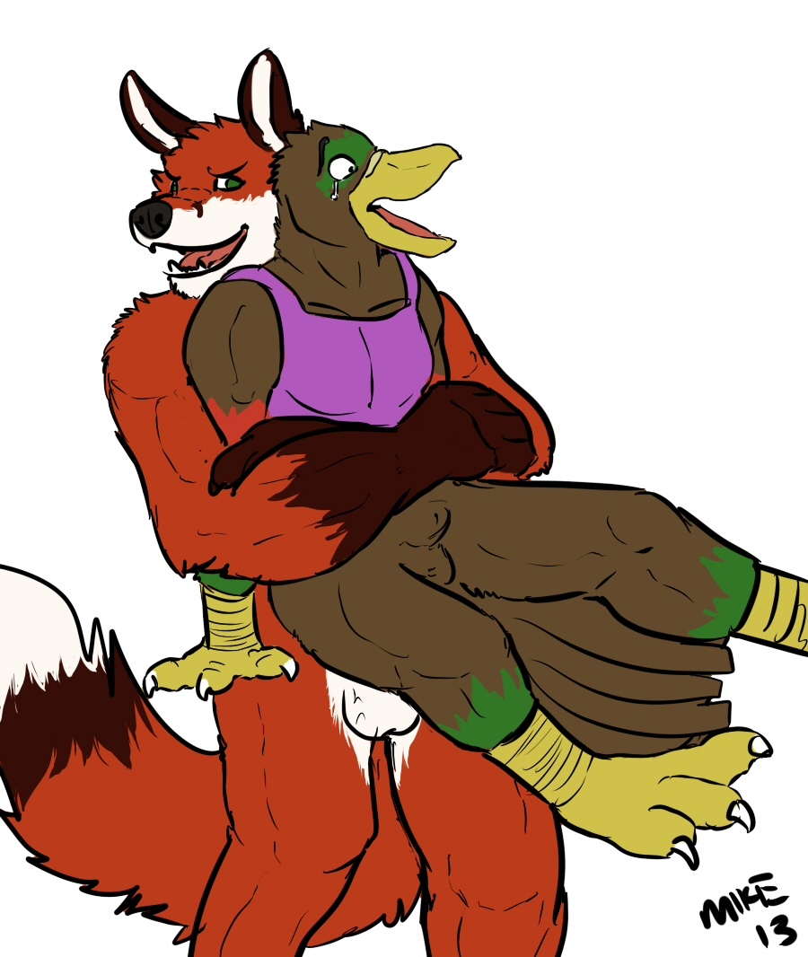 anthro avian balls beak bear_hug biceps bird black_nose bottomless brown_body canine chest clothing duo falcon fangs feathers flaccid fox fur gay green_body green_eyes grin gripping holding interspecies jasonwerefox legs_up male mammal mike_(artist) muscles nude open_mouth orange_fur pecs penis pose presenting sheath shirt smile solo standing talons tank_top tears teeth tongue white_fur