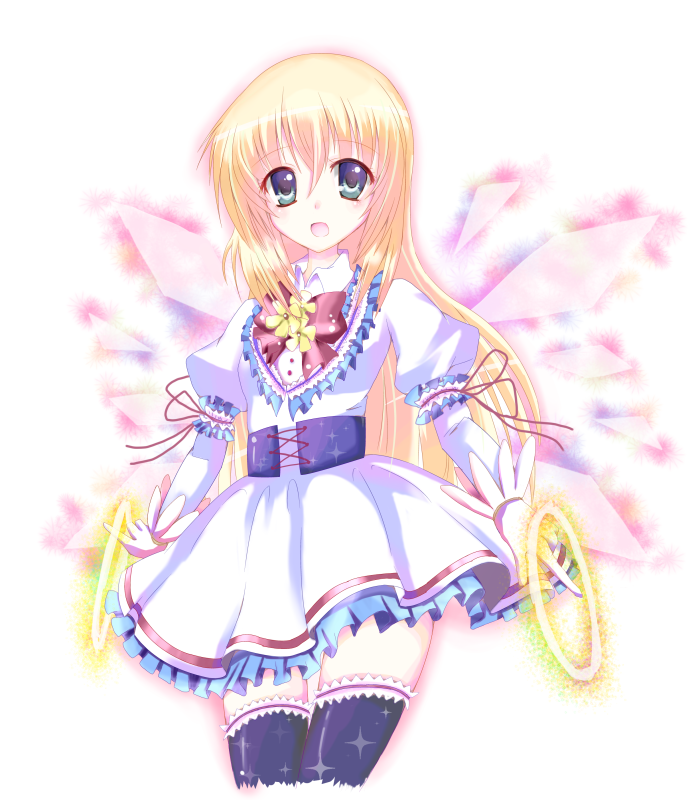 1girl blonde_hair colette_brunel collet_brunel dress solo tales_of_(series) tales_of_symphonia thighhighs weapon wings