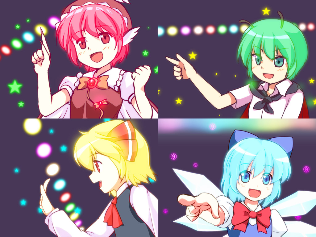 4girls antennae blonde_hair blue_eyes blue_hair cirno fang green_eyes green_hair hair_ribbon hat ice ice_wings multiple_girls mystia_lorelei niiya pink_eyes pink_hair red_eyes ribbon rumia team_9 touhou wings wriggle_nightbug