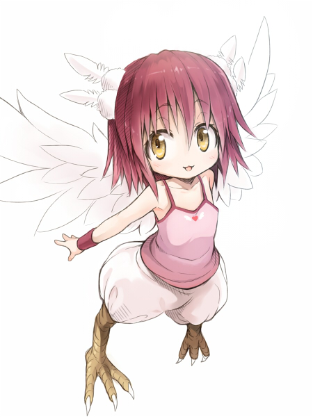 bad_id bad_pixiv_id bird_wings blush collarbone feathered_wings feathers hakuleg harpy harpy_(muromi-san) heart monster_girl namiuchigiwa_no_muromi-san open_mouth pink_hair short_hair sleeveless solo white_background wings yellow_eyes