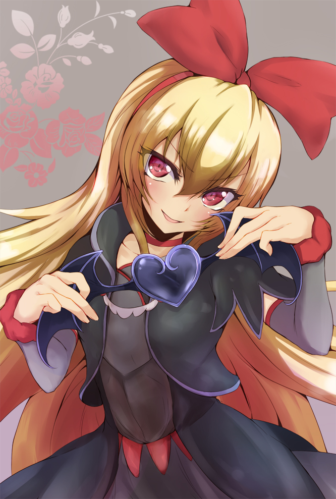 avy417 bad_id bad_pixiv_id bat_wings blonde_hair bow cropped_jacket dokidoki!_precure dress floral_background grey_background hair_bow hair_ribbon hairband heart huge_bow long_hair precure red_eyes regina_(dokidoki!_precure) ribbon smile solo wings