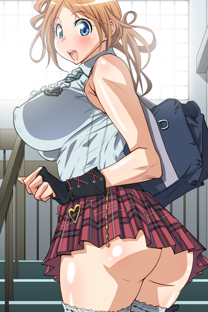 ass bare_shoulders blue_eyes breasts brown_hair covered_nipples fingerless_gloves gloves huge_breasts kunifuto lace lace-trimmed_thighhighs long_hair no_panties original plaid plaid_skirt skirt solo stairs thighhighs