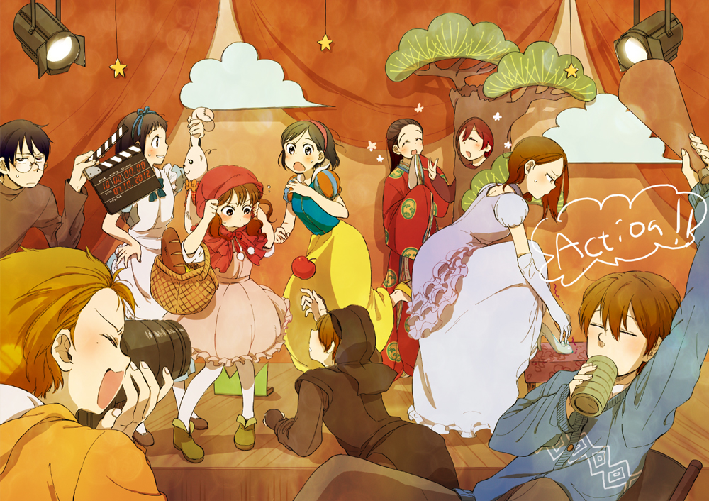 5girls aida_hisako alice_(wonderland) alice_(wonderland)_(cosplay) alice_in_wonderland apple asaba_yuuki asaba_yuuta black_hair blonde_hair brown_hair camera cinderella cinderella_(grimm) cinderella_(grimm)_(cosplay) cosplay dress food fruit glasses hood japanese_clothes kimi_to_boku kimono little_red_riding_hood little_red_riding_hood_(grimm) little_red_riding_hood_(grimm)_(cosplay) matsuoka_shun mukamo_(inujita) multiple_boys multiple_girls sakura_kayo satou_masaki snow_white snow_white_(cosplay) snow_white_and_the_seven_dwarfs tachibana_chizuru_(kimi_to_boku) takahashi_(kimi_to_boku) tree_costume tsubokura_hinako tsukahara_kaname