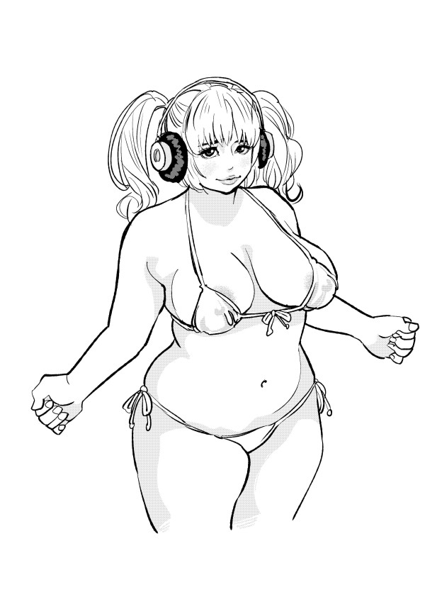 1girl areola_slip areolae artist_request bikini blush breasts curvy headphones lips monochrome nitroplus plump source_request super_pochaco swimsuit thick_thighs twintails wide_hips