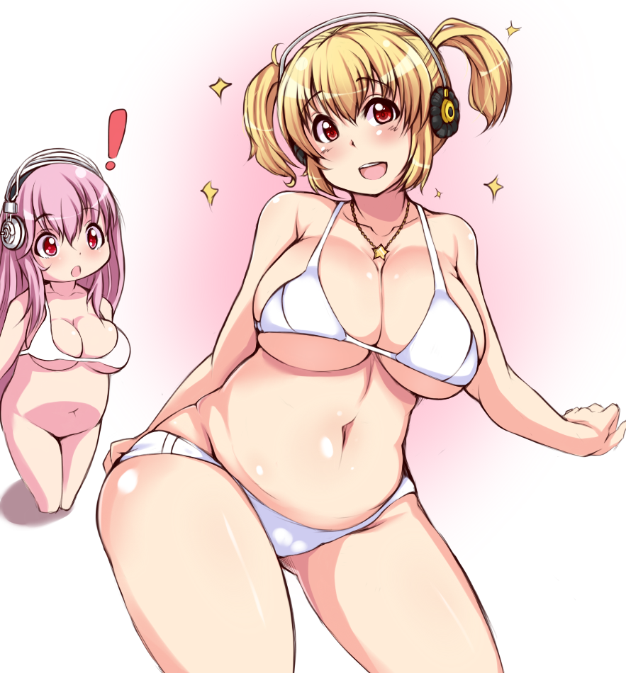 2girls :d :o bad_id bad_pixiv_id blonde_hair bra breasts cleavage headphones huge_breasts jewelry long_hair moisture_(chichi) multiple_girls navel necklace nitroplus open_mouth panties plump smile sparkle super_pochaco super_sonico underwear underwear_only white_bra white_panties
