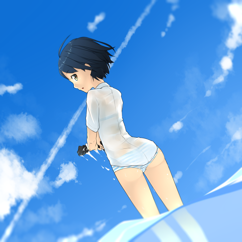 :o ahoge arched_back ass black_hair brown_eyes cloud day dutch_angle from_behind looking_back ninnzinn no_pants original panties partially_underwater_shot see-through shirt sideways_mouth skirt sky solo striped striped_panties thighs underwear wading water wet wet_clothes wet_shirt wringing_clothes wringing_skirt