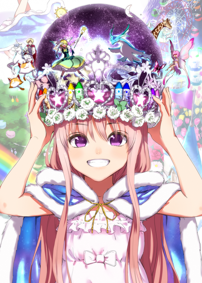 3girls :3 :d animal bangs bird blonde_hair blush bow bug butterfly butterfly_wings cape crayon creature crown dolphin dress fairy ferris_wheel fireworks flower fur_trim giraffe grin happy hat head_wings insect kawakami_rokkaku long_hair looking_at_viewer moon multiple_girls musical_note no_pupils open_mouth original pink_hair purple_eyes rainbow riding salute sidelocks size_difference smile solo_focus space sparkle star sun teeth unicorn upper_body v wings