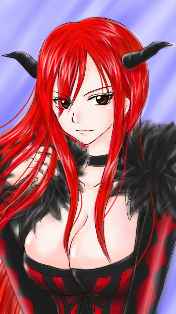 1girl breasts cleavage erza_scarlet fairy_tail horns large_breasts maou_(cosplay) maou_(maoyuu)_(cosplay) maoyuu_maou_yuusha red_hair smile solo