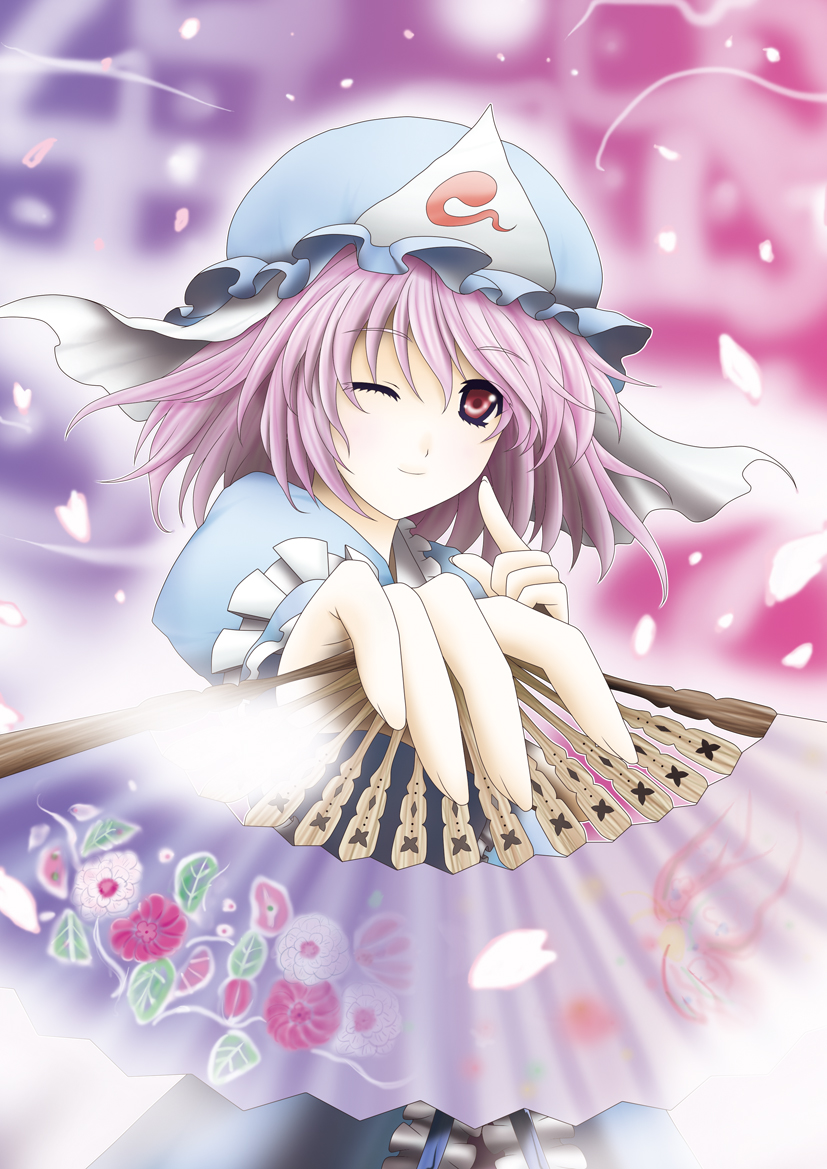 armband cherry_blossoms fan folding_fan foreshortening gld-sakky gradient gradient_background hat hitodama index_finger_raised japanese_clothes kimono light_smile looking_at_viewer mob_cap one_eye_closed petals pink_eyes pink_hair saigyouji_yuyuko short_hair solo touhou triangular_headpiece