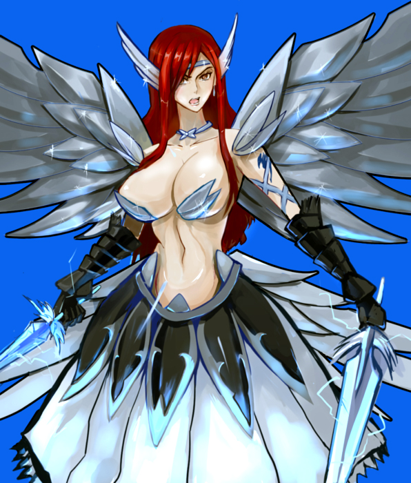 1girl breasts erza_scarlet fairy_tail large_breasts midriff mikazuki_shigure mikazukishigure red_hair simple_background solo