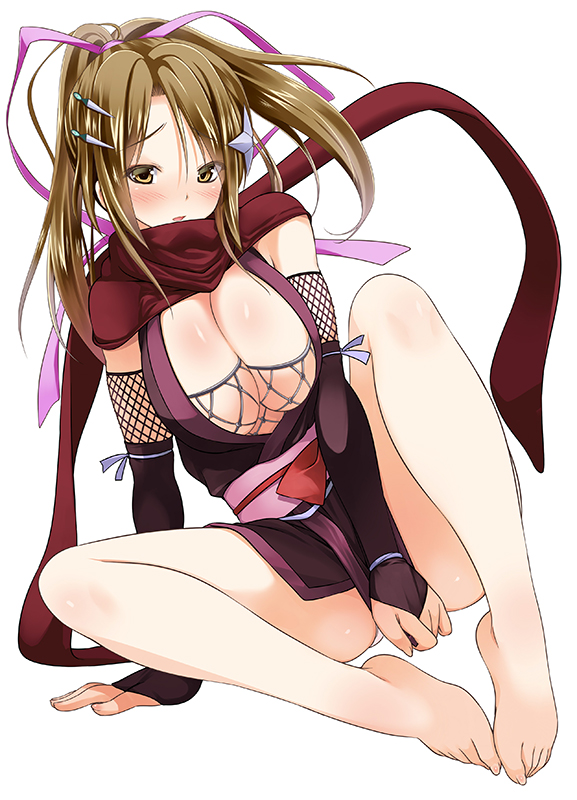 barefoot blush breasts bridal_gauntlets brown_eyes brown_hair cleavage fishnets full_body hair_ornament hair_ribbon japanese_clothes large_breasts legs long_hair ninja open_mouth original ponytail ribbon scarf shuriken simple_background sitting solo spread_legs takase_muu thighs white_background