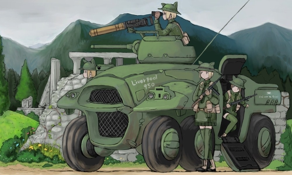 animal_ears animal_hat armored_vehicle autocannon bad_id bad_pixiv_id binoculars blonde_hair british brown_eyes brown_hair coh english ground_vehicle gun hat helmet machine_gun mars_expedition military military_uniform military_vehicle motor_vehicle multiple_girls necktie qf_1pdr_pom-pom radio_antenna short_hair skirt soldier sten_gun submachine_gun thighhighs uniform weapon yellow_eyes zettai_ryouiki