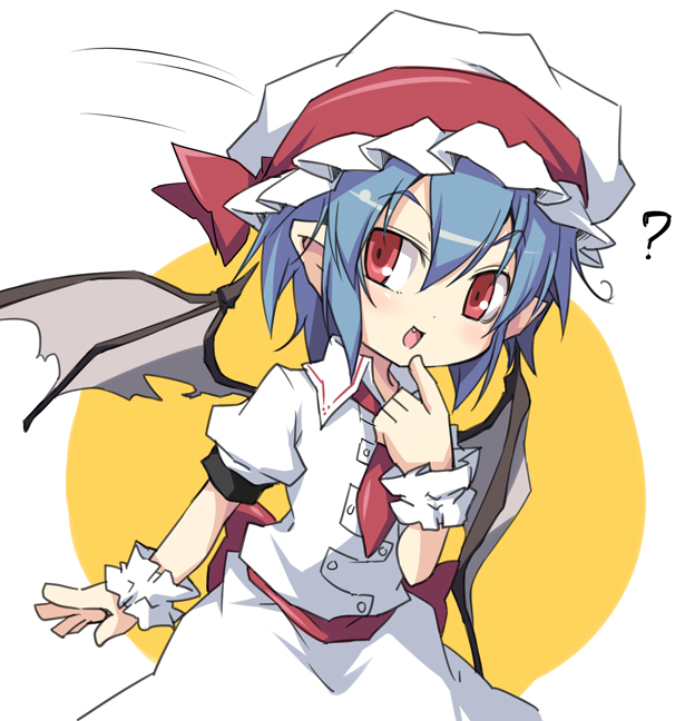 ? bat_wings blue_hair commentary_request dress fang hat hat_ribbon looking_at_viewer necktie noya_makoto open_mouth pointing pointing_at_self pointy_ears red_eyes remilia_scarlet ribbon sash smile solo touhou white_dress wings wrist_cuffs