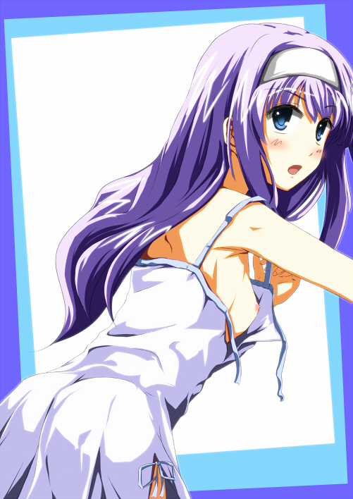 bare_shoulders blue_eyes blush breasts dress hairband long_hair lyrical_nanoha mahou_shoujo_lyrical_nanoha_strikers nipple_slip nipples open_mouth p2_shino small_breasts solo sundress tsukimura_suzuka untied