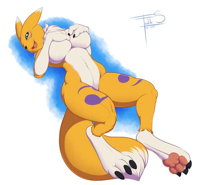 3_fingers 3_toes :3 :d barefoot big big_breasts big_feet black_eyes black_nose black_skin blue_background blue_eyes breast_grab breasts canine chest_tuft claws covering_breasts digimon digitigrade female fox freckles_(artist) fur hand_on_chest happy hindpaw looking_at_viewer lying mammal mane markings multicolor_fur navel nude on_back orange_fur pawpads paws pink_skin plain_background playful renamon shadow shiny skin smile socks_(marking) soles solo thick_thighs tongue tuft two_tone_fur voluptuous white_background white_fur wide_hips