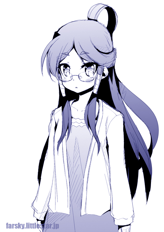 bad_id bad_pixiv_id blush collarbone glasses hair_ornament hair_rings kinoshita_haruka long_hair long_sleeves monochrome namiuchigiwa_no_muromi-san otohime_(muromi-san) solo very_long_hair