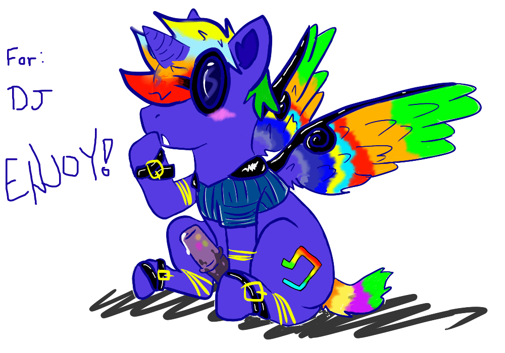 blue_fur blush clothing cum cutie_mark english_text equine erection eyewear feral friendship_is_magic fur gift goggles hair horn horse male mammal multi-colored_hair my_little_pony open_mouth pegasus penis plain_background pony rainbow rainbow_hair solo text unicorn white_background wings