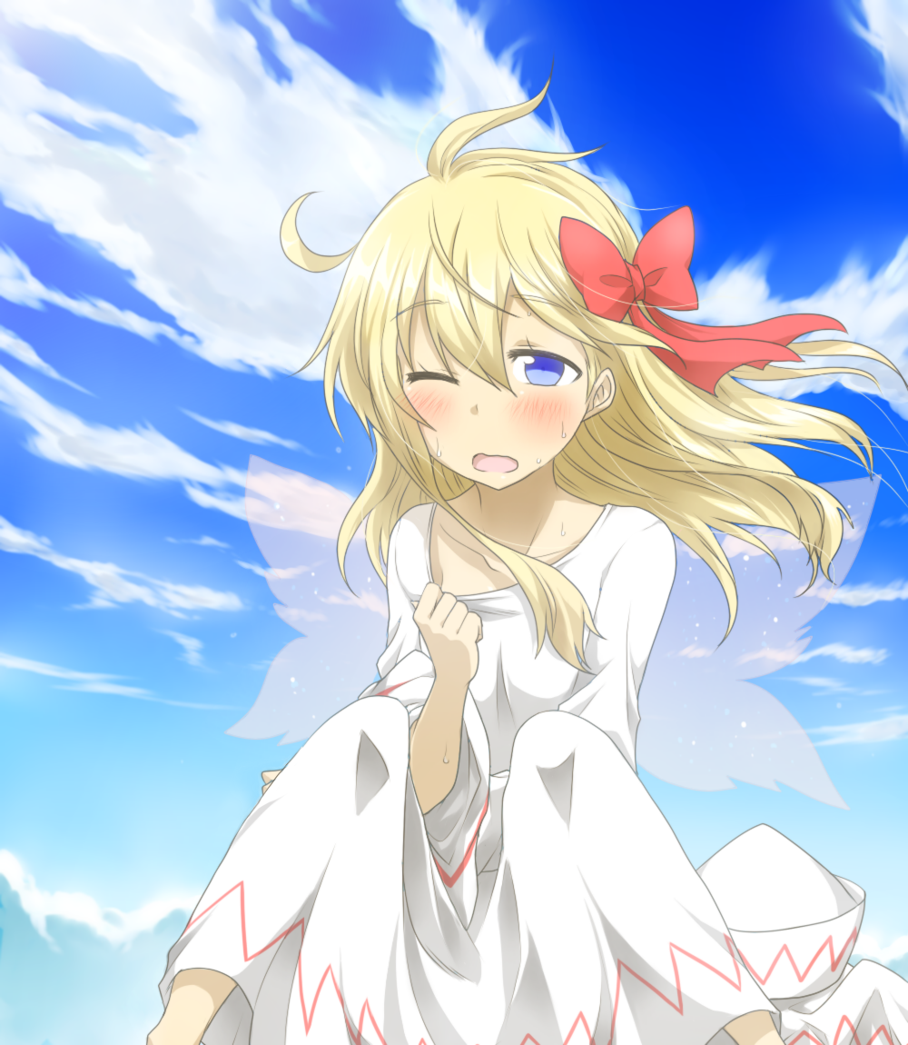 blonde_hair blue_eyes blue_sky blush bow cloud day dress hair_bow hat hat_removed headwear_removed lily_white long_hair nobamo_pieruda one_eye_closed open_mouth sky solo sweat touhou white_dress wings