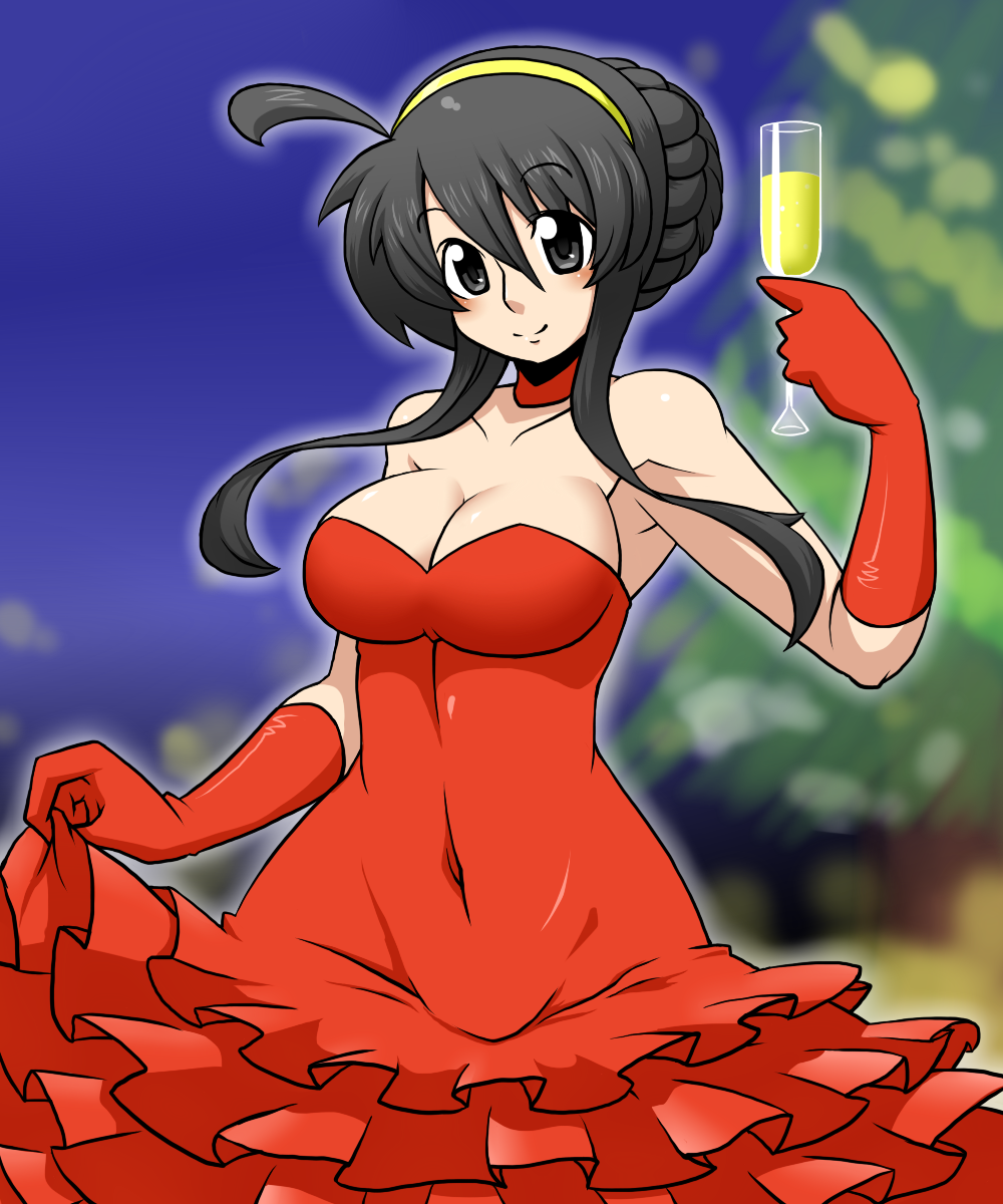 1girl ahoge alternate_costume arm_up bangs bare_shoulders black_eyes black_hair blurry blush breasts choker cleavage closed_mouth collarbone commentary_request covered_navel cup depth_of_field dress elbow_gloves eyebrows_visible_through_hair gloves hairband highres holding holding_cup long_hair looking_at_viewer medium_breasts ninoita_rina original pixiv_wrestling_association red_choker red_dress red_gloves sakasa_gurasan smile solo standing yellow_hairband