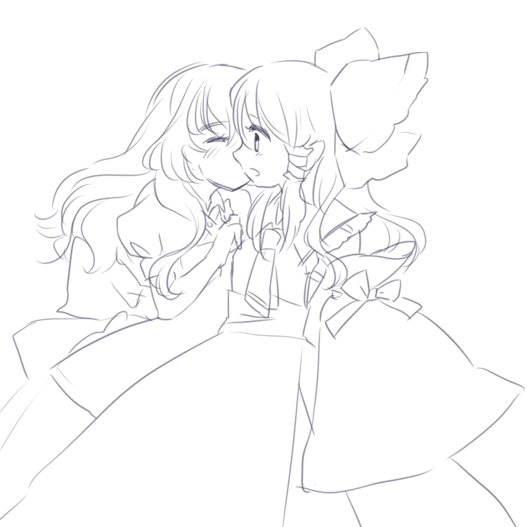 blush bow closed_eyes hair_bow hakurei_reimu kayako_(tdxxxk) kirisame_marisa kiss lineart long_hair monochrome multiple_girls simple_background thick_eyebrows touhou white_background yuri