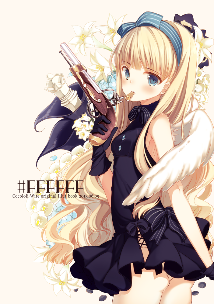 angel_wings blonde_hair blue_eyes bow bullet chess_piece cover cover_page flower gloves gun hairband handgun lily_(flower) long_hair mouth_hold original purple_gloves purple_skirt ribbon skirt solo very_long_hair weapon wings yamcha_(cocololi)