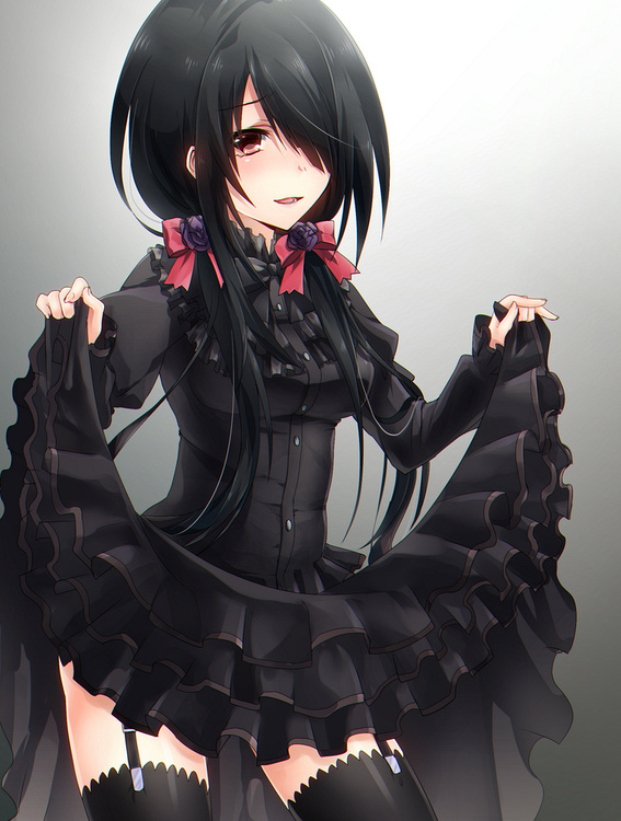 :d black_hair blush bow bowtie date_a_live dress flower garter_straps hair_flower hair_ornament hair_over_one_eye hairband keita_(tundereyuina) layered_dress long_hair long_sleeves looking_at_viewer open_mouth red_bow red_eyes red_neckwear ribbon rose smile solo thighhighs tokisaki_kurumi tsurime twintails zettai_ryouiki