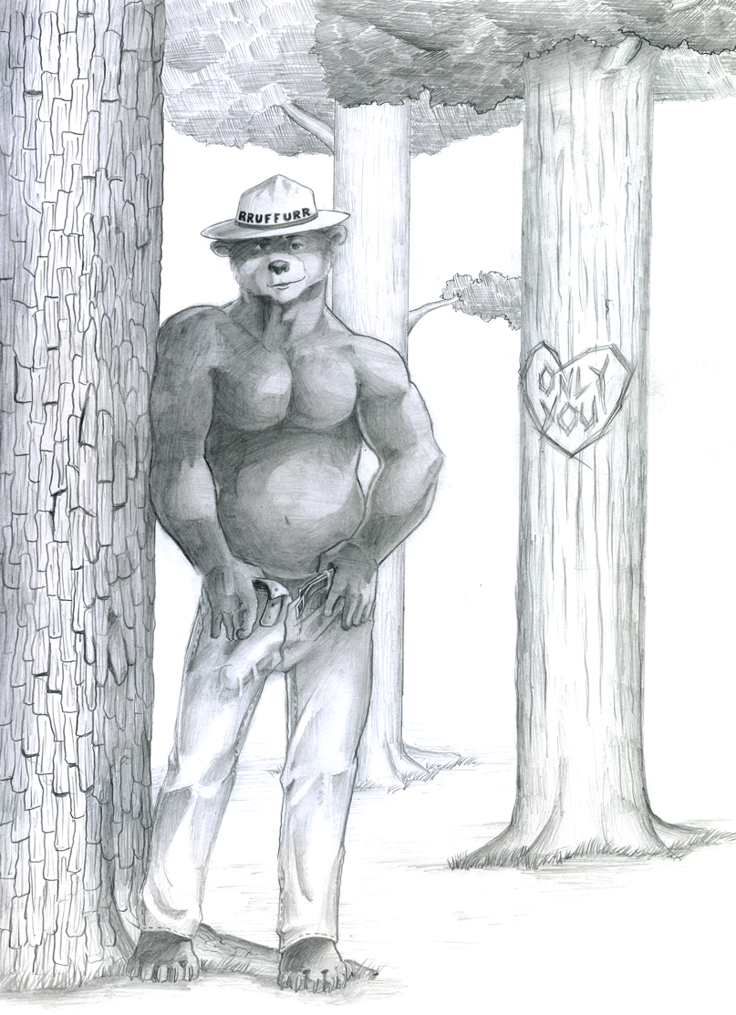 bulge chubby clothing forest looking_at_viewer male mammal musclegut open_pants outside pants solo topless tree tush
