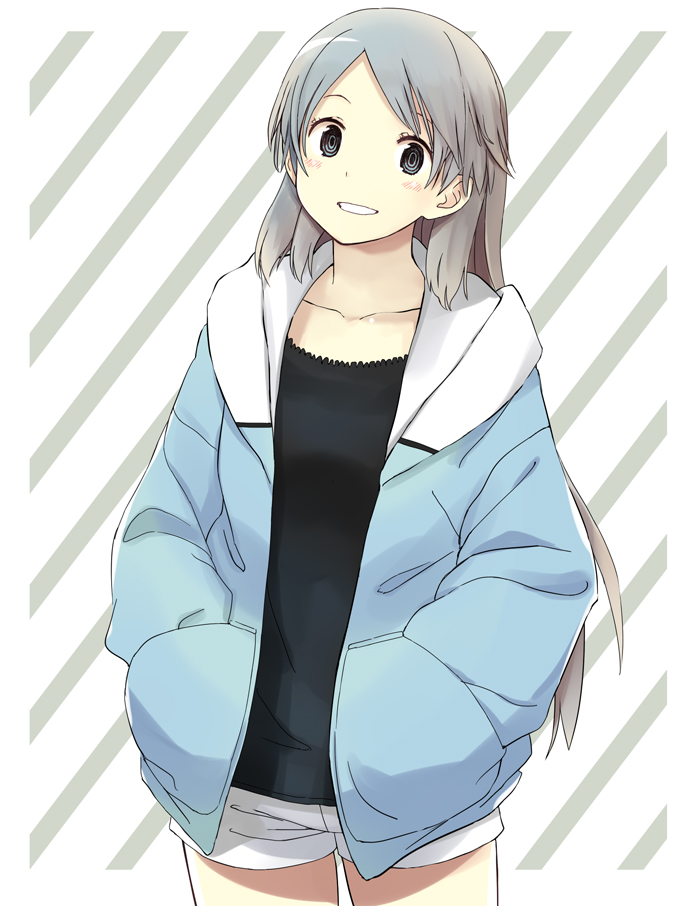 blush grin hands_in_pockets hood hood_down hooded_jacket hoodie jacket long_hair looking_at_viewer open_clothes open_hoodie original shorts smile solo toshiya very_long_hair
