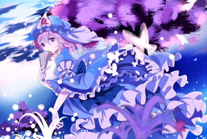 bug butterfly cherry_blossoms fan folding_fan insect japanese_clothes petals pink_eyes pink_hair saigyouji_yuyuko siji_(szh5522) solo touhou tree triangular_headpiece