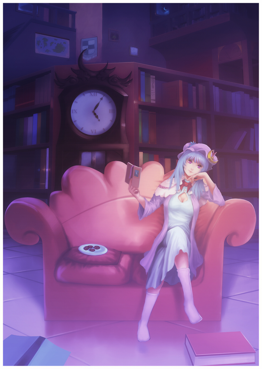 arm_support bad_id bad_pixiv_id book bookshelf breasts cleavage clock couch crescent crossed_legs dress fateline_alpha hat head_rest highres library long_hair map medium_breasts patchouli_knowledge plate purple_eyes purple_hair sitting smile solo touhou