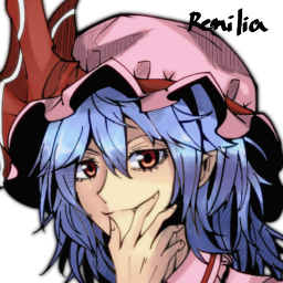 blue_hair character_name hat looking_at_viewer lowres pandora-ex remilia_scarlet simple_background smile solo touhou white_background