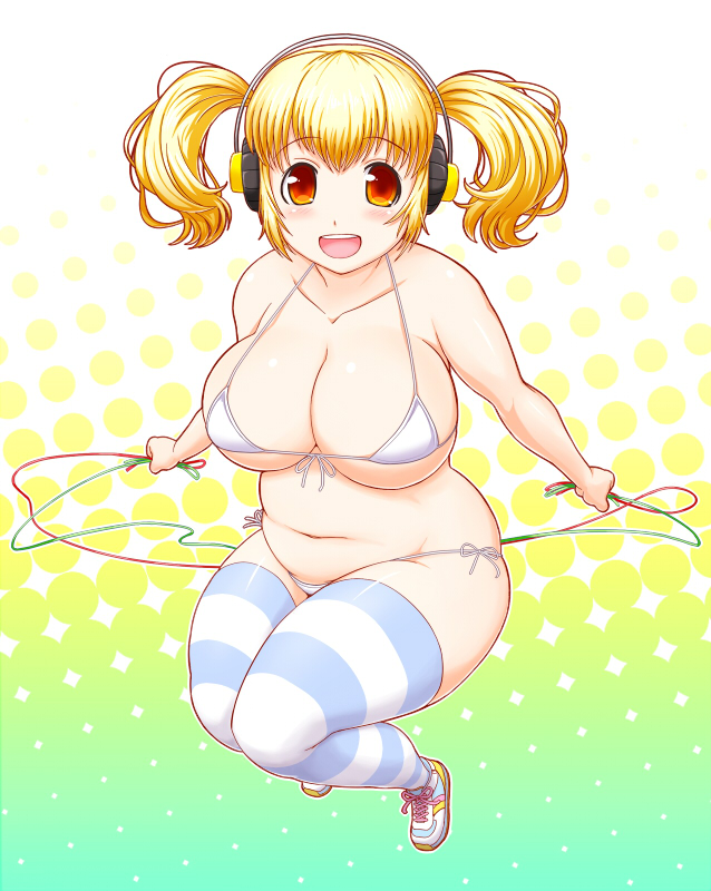 belly bikini blonde_hair braid breasts cleavage headphones huge_breasts jump_rope long_hair midair navel nitroplus plump red_eyes side-tie_bikini smile solo soubee1 striped striped_legwear super_pochaco swimsuit thighhighs twin_braids