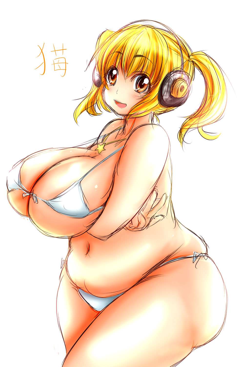 1girl blonde_hair fat headphones highres nitroplus obese super_pochaco