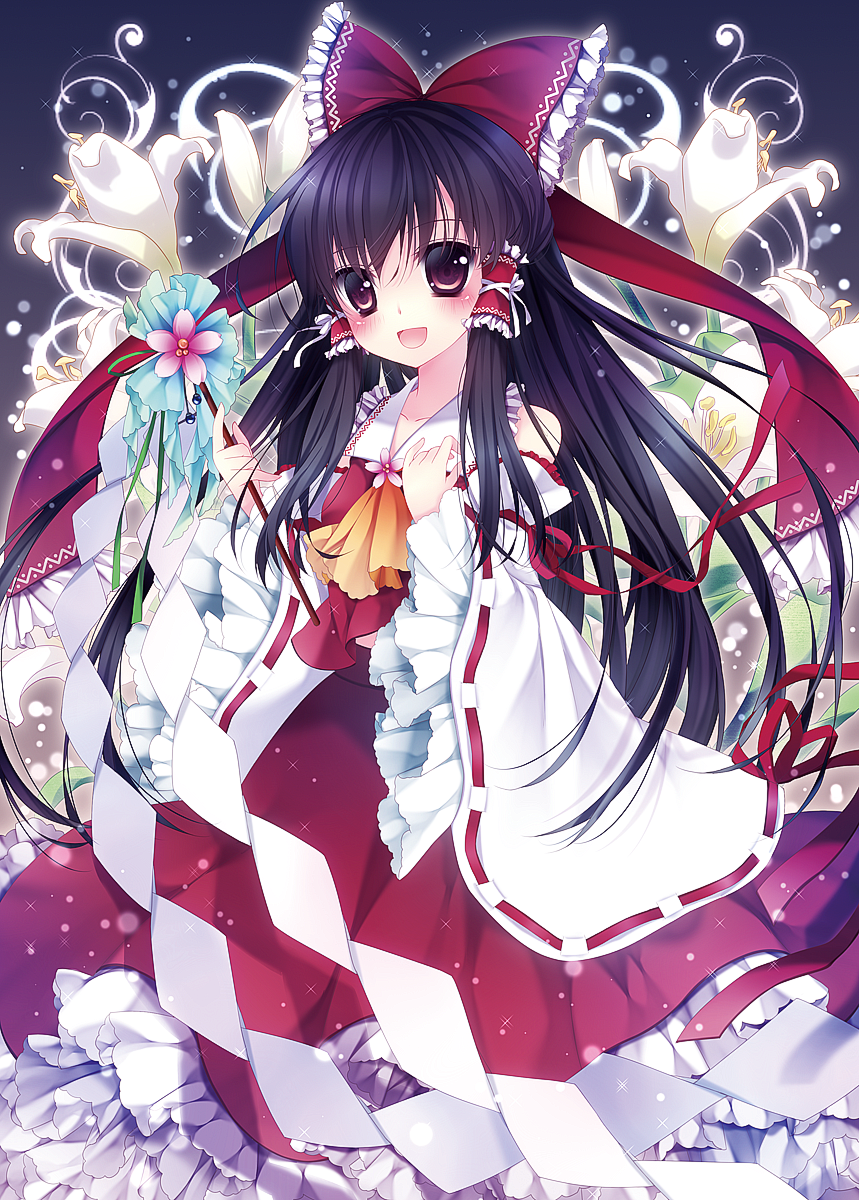 arm_ribbon ascot bad_id bad_pixiv_id black_hair bow detached_sleeves embellished_costume flower frilled_skirt frilled_sleeves frills gohei hair_bow hair_tubes hakurei_reimu highres lily_(flower) long_hair long_sleeves looking_at_viewer mikazuki_sara open_mouth petticoat purple_eyes ribbon shirt skirt skirt_set smile solo sparkle touhou very_long_hair wide_sleeves