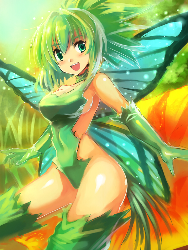 1girl breasts butterfly character_request edobox fairy green_eyes green_hair sideboob smile solo wings