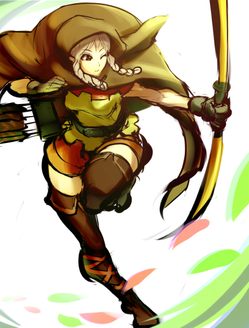 arrow belt boots bow_(weapon) braid brown_eyes cloak dragon's_crown elf elf_(dragon's_crown) grey_hair hood leg_up long_hair mafen one_eye_closed pointy_ears quiver shorts sketch solo thigh_boots thighhighs twin_braids weapon