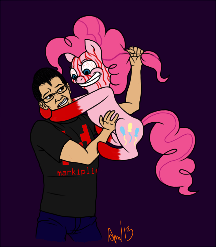 black_eyes black_hair blood blue_eyes clothing crossover english_text equine eyelashes eyewear female feral fist friendship_is_magic glasses grasp hair happy holding horse hug human legs_up lift long_hair looking_down looking_up male mammal mark_fischbach markiplier my_little_pony pants pink_hair pinkie_pie_(mlp) plain_background pony psychotic purple_background raised_arm red_eyes s.c.p._containment_breach shirt smile standing teeth text unknown_artist white_eyes