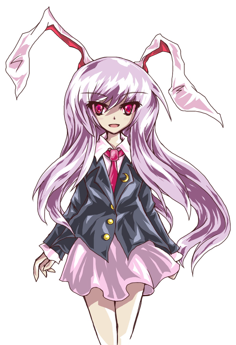 animal_ears bad_id bad_pixiv_id blazer bunny_ears crescent formless_god grey_background highres jacket long_hair long_sleeves necktie open_mouth purple_hair red_eyes reisen_udongein_inaba skirt solo touhou very_long_hair