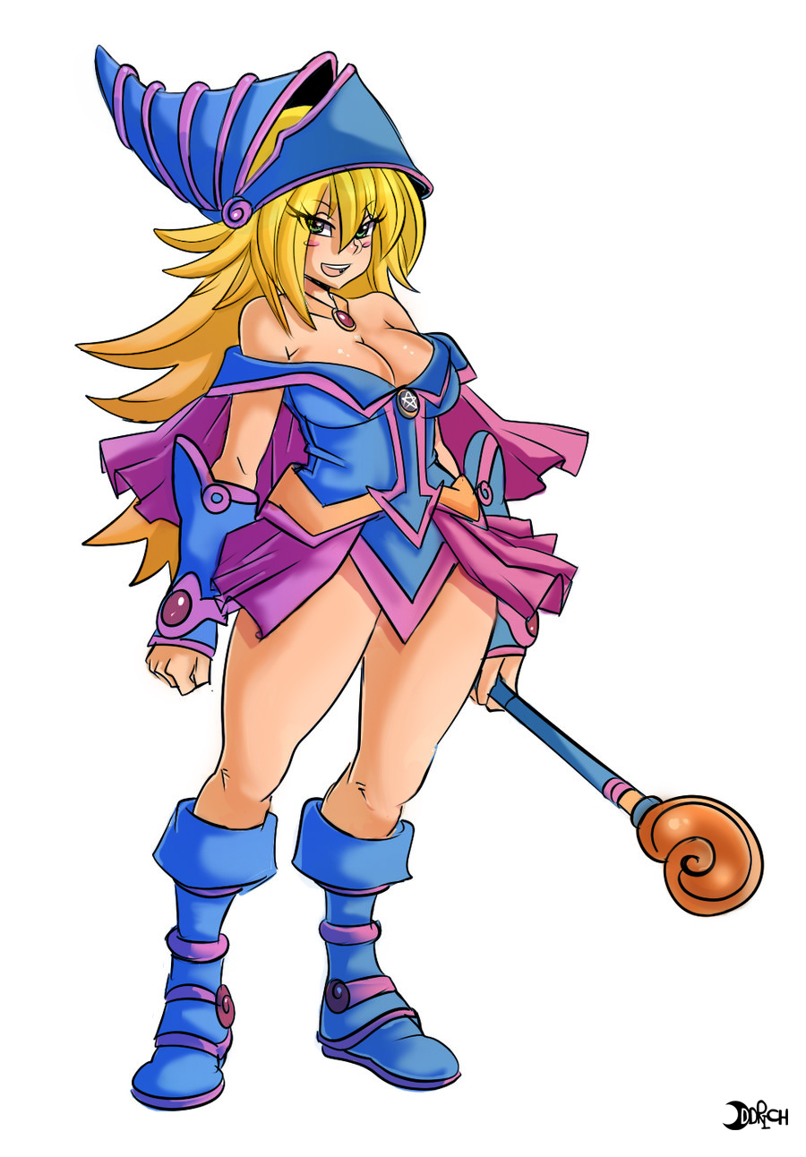 blonde_hair boots breasts cleavage dark_magician_girl duel_monster female highres long_hair maniacpaint oddmachine open_mouth skirt wand yu-gi-oh! yuu-gi-ou_duel_monsters
