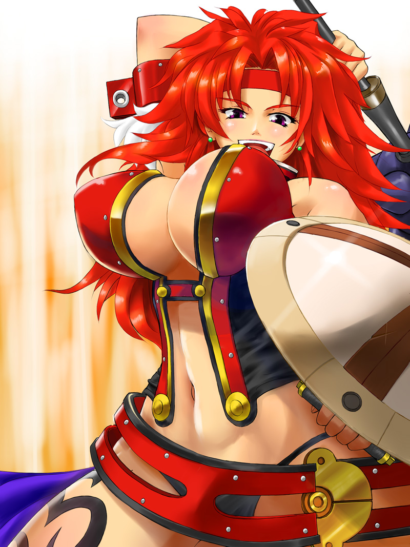 1girl bouncing_breasts breasts large_breasts long_hair open_mouth queen's_blade queen's_blade red_hair risty shield smile solo sword tattoo weapon yatagarasu_tosaru