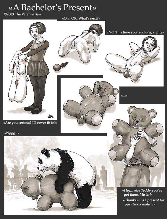 bear bestiality buttplug costume drooling female feral forced group human interspecies make male mammal nipples panda penetration pussy saliva sex_toy teddy_bear the_veterinarian transformation vaginal vaginal_penetration
