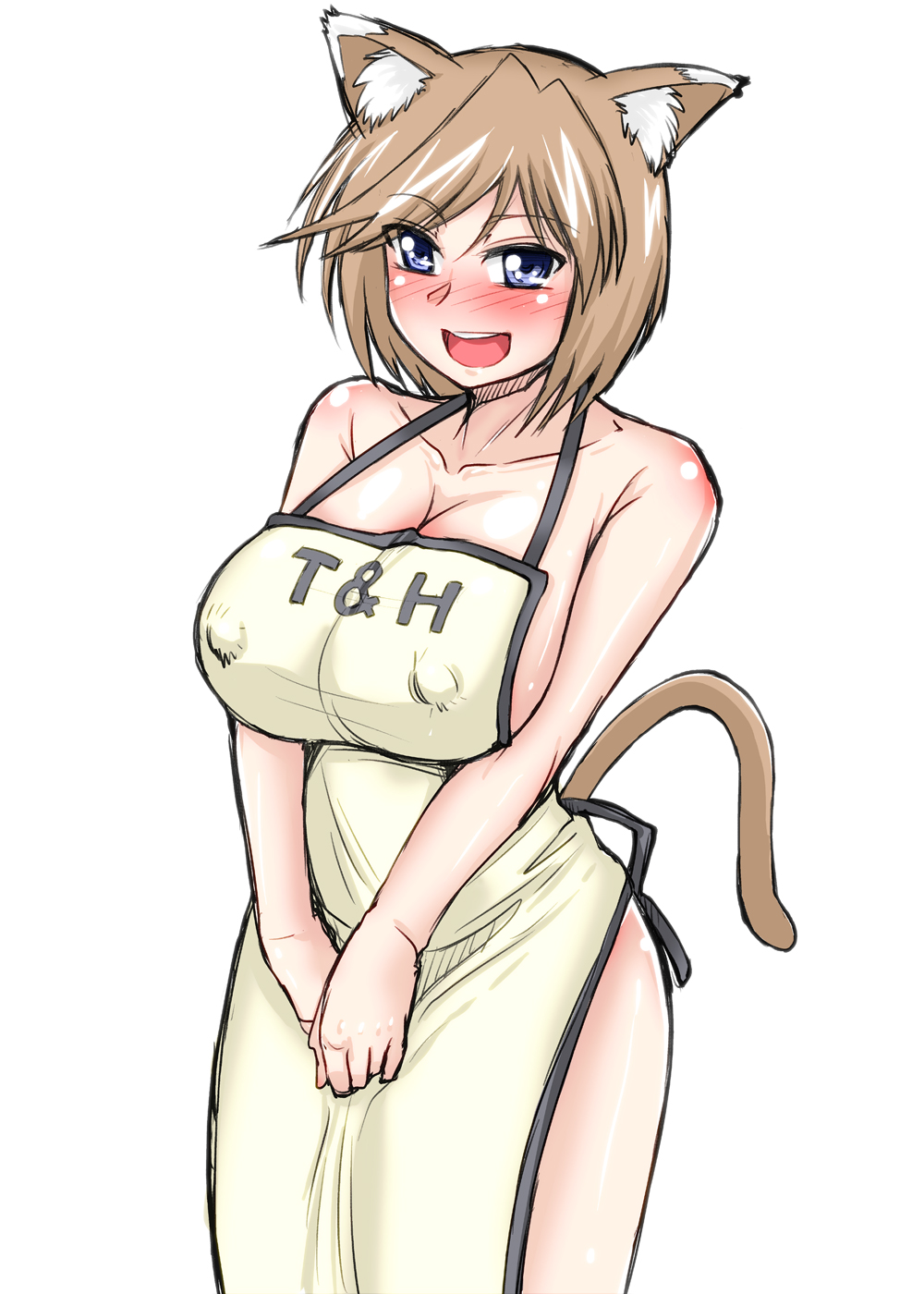 animal_ears apron bare_shoulders blue_eyes blush breasts brown_hair cat_ears cat_tail cleavage covered_nipples highres large_breasts linith lyrical_nanoha mahou_shoujo_lyrical_nanoha_innocent mitsurugi_tsurugi naked_apron open_mouth short_hair solo tail teeth white_background