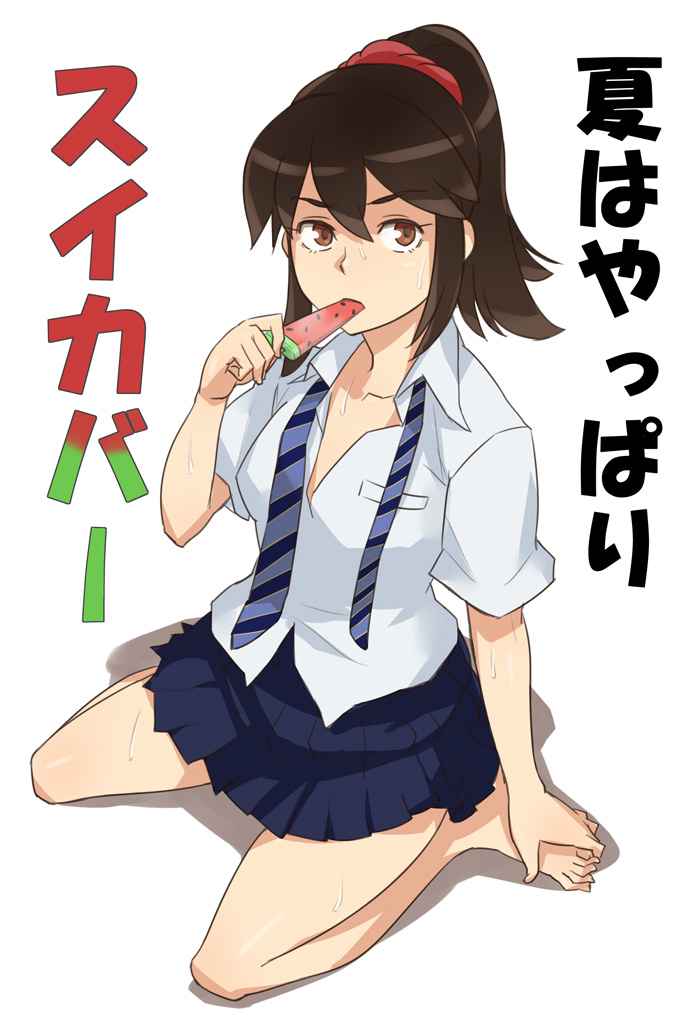 barefoot brown_eyes brown_hair food from_above gus_(clarkii) long_hair looking_at_viewer necktie original popsicle school_uniform scrunchie sitting solo translated wariza watermelon_bar white_background