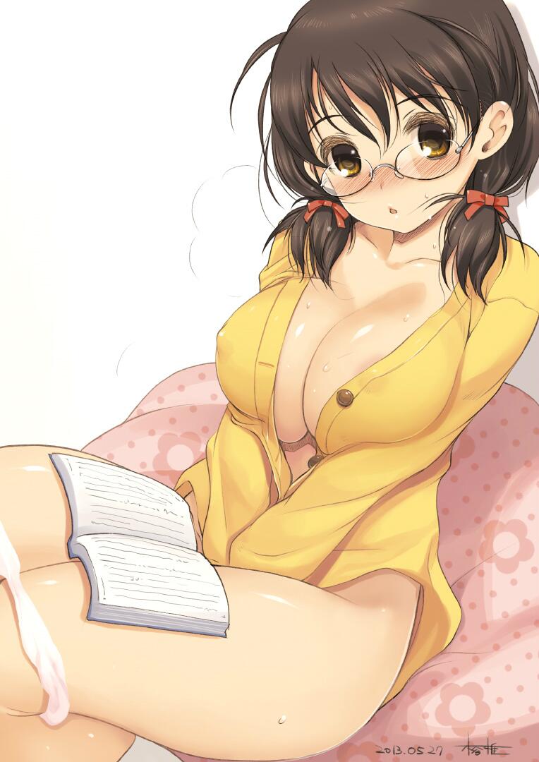 :o areola_slip areolae asano_fuuka bad_id bad_twitter_id blush book bow breasts brown_eyes brown_hair cardigan cleavage covering covering_crotch dated glasses hair_bow heavy_breathing idolmaster idolmaster_cinderella_girls jpeg_artifacts kiya_shii large_breasts looking_at_viewer naked_cardigan open_book panties panty_pull pillow short_hair sitting solo sweat underwear v_arms white_legwear white_panties