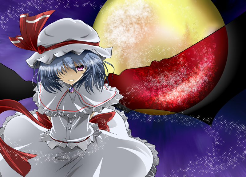 amanekukagenoyuragi arms_behind_back blue_hair brooch capelet full_moon grin hair_over_one_eye hat hat_ribbon jewelry light_particles looking_at_viewer mob_cap moon night red_eyes red_moon remilia_scarlet ribbon short_hair skirt skirt_set smile solo touhou wind yellow_moon