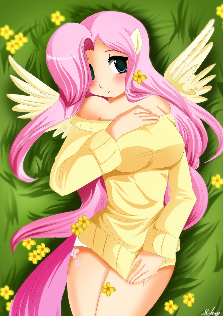 blush clothing cutie_mark female flower fluttershy_(mlp) friendship_is_magic hair human humanized lying mammal my_little_pony on_back pink_hair sweater wings