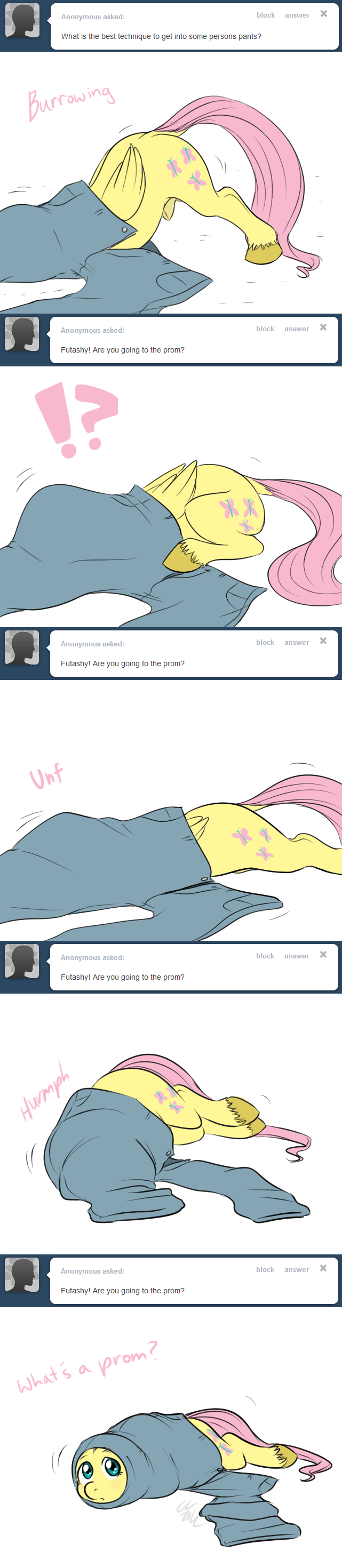 2012 ? ass_up bent_over blue_eyes cartoonlion clothing comic crossgender cute cutie_mark dialog english_text equine feral fluttershy_(mlp) friendship_is_magic fur hair horse looking_at_viewer lying male mammal my_little_pony on_front on_side pants partially_clothed pegasus pink_hair plain_background pony sheath signature solo text tumblr white_background wings yellow_fur