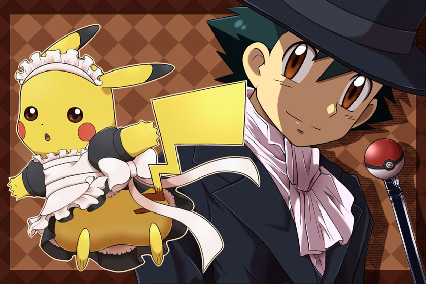 1boy black_hair brown_eyes crossdressing hat maid pikachu pokemon satoshi_(pokemon) short_hair